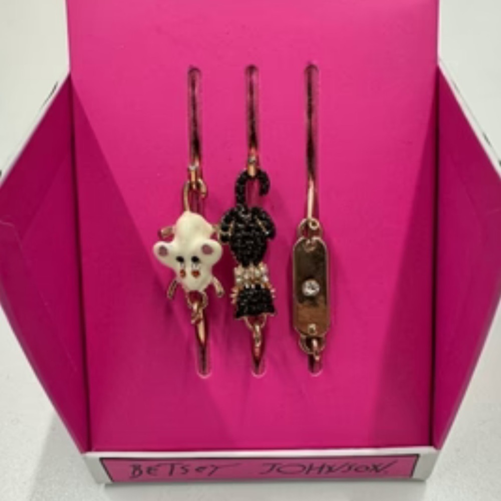 NWT Betsey Johnson Black Jewelled Cat And White Mouse Bangle Bracelet Set Of 3